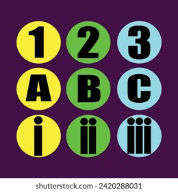 Set of Alphabet, letters ABC, and numbers in a different language. Numbers for kids. Easy Learning for children isolated on a purple background. EPS Editable vector file.