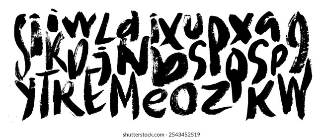 Schriftzeichen im Grunge-Stil setzen. Vektorschriftart, Hintergrund. Schriftelemente handgezeichnete schwarze Tinte. Schwarz-weiße Farbe schmiert Alphabet Ornament.