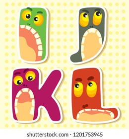 Set alphabet letters I, J, K, L, cute simple color illustrations