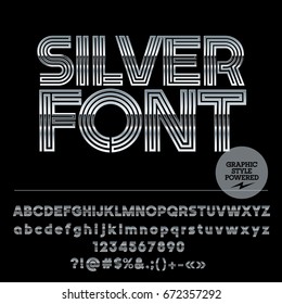 Set of Alphabet letters, Numbers and Punctuation symbols. Vector icon with text Silver Font. Graphic style.