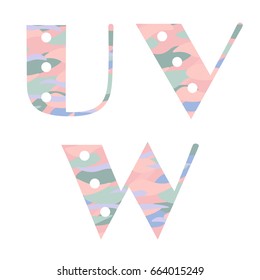 Set of alphabet letters with pastel abstract pattern. U,V,W. Vector illustration
