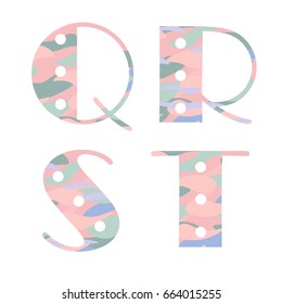 Set of alphabet letters with pastel abstract pattern. Q,R,S,T. Vector illustration