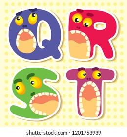 Set alphabet letters Q, R, S, T, cute simple color illustrations