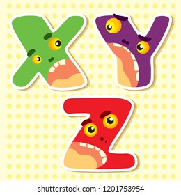 Set alphabet letters X, Y, Z, cute simple color illustrations