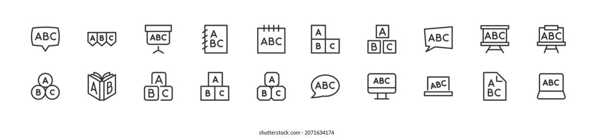 Set of alphabet line icons. Premium pack of signs in trendy style. Pixel perfect objects for UI, apps and web. 