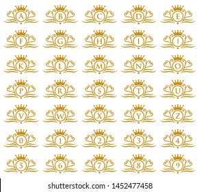 set of alphabet Luxury Logo template in vector for Restaurant, Royalty, Boutique, Cafe, Hotel, Heraldic, Jewelry, Fashion and other illustration. A to Z and 0 to 9. gold color. 