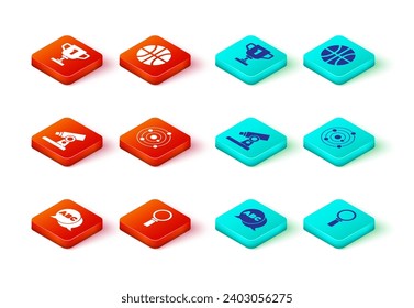 Set Alphabet, Magnifying glass, Microscope, Solar system, Basketball ball and Award cup icon. Vector