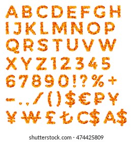 Set of alphabet, numbers, punctuation marks and currency signs made of yellow and red autumn leaves for discounts, promo ads, posters and concepts