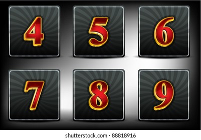Set alphabet in red and gold embossed system font