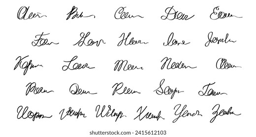 Set of alphabet samples of fake autographs, handwritten inscriptions. Drawn signature letters in ink isolated on a white background.