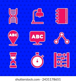 Set Alphabet, Stopwatch, Abacus, Molecule, Old hourglass with sand, Spiral notebook and DNA symbol icon. Vector