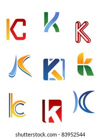 Set of alphabet symbols and elements of letter K, such a logo. Rasterized version also available in gallery