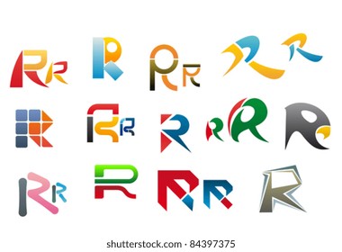 Set of alphabet symbols and elements of letter R, such a logo. Rasterized version also available in gallery