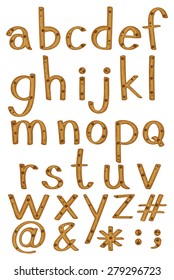 Set of alphabet and symbols in wooden pattern