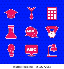 Set Alphabet, Tischlampe, Medaille, Glühbirne mit Konzept der Idee, Reagenzglas und Kolben, Rechner und Graduation Cap-Symbol. Vektorgrafik