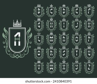 Set of alphabetical monograms with different royal frames in modern vintage style.