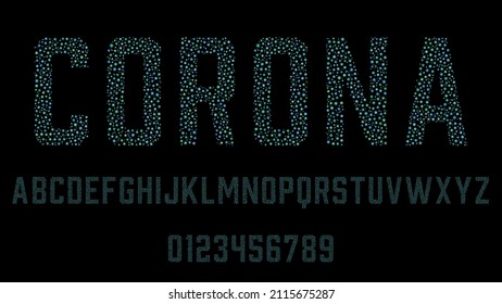 Satz von Alphabeten Schriftbuchstaben und -ziffern Modernes abstraktes Design mit Symbol für Virusglyph, Vektorgrafik