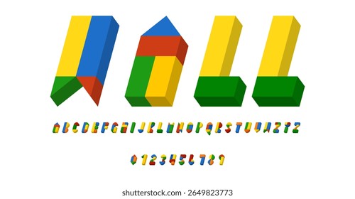 Satz von Alphabeten Buchstaben und Zahlen moderne abstrakte Design mit geometrischen Formen mit 3D-Konzept, Vektorgrafik