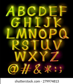  Set of alphabets and symbols with yellow neon effect