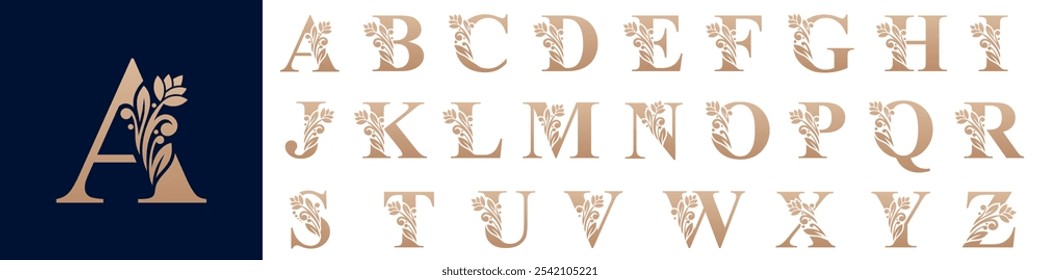 set of alphabets A to Z uppercase graphic. letters with flowers leaves. Vector illustration for wedding, greeting cards, invitations template design