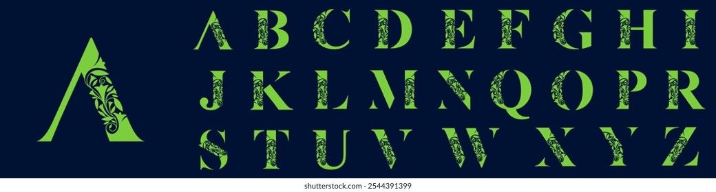 set of alphabets A to Z uppercase graphic. letters with flowers leaves. Vector illustration for wedding, greeting cards, invitations template design
