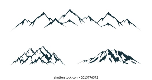 Set of alpine mountain silhouettes. Vector isolated illustration with rocky and snowy peaks.