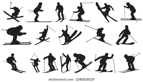 set alpine skiing athlete black silhouette on white background, sports vector illustration
