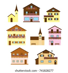 Set of Alpine wooden houses, chalets, hotels and churches in flat style isolated on white background.