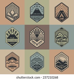 Set of alpinist and mountain climbing outdoor activity vector logos on color background.Logotype templates and badges with mountains, creeks, sun, tent. National parks and nature exploration symbols