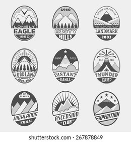 Set of alpinist and mountain climbing outdoor activity vector labels.Logotype templates,badges,emblems,signs black graphic collection.National parks,nature preserves tourism exploration symbols