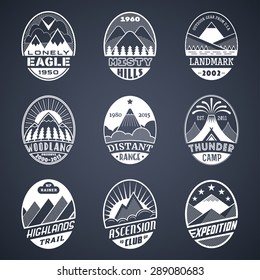 Set of alpinist and mountain climbing outdoor activity vector labels.Logotype templates,badges,emblems,signs white graphic collection.National parks,nature preserves tourism exploration symbols