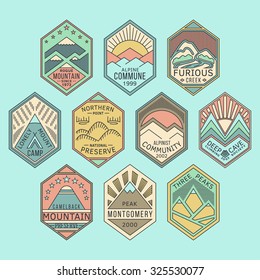 Set of alpinist and mountain climbing outdoor activity vector linear color labels.Logotype templates and badges with mountains,peaks,creeks,trees,sun,tent.National parks and nature exploration symbols