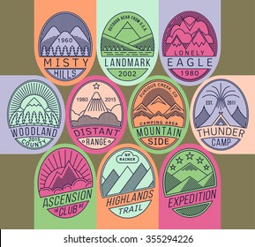 Set of alpinist and mountain climbing outdoor activity vector linear labels.Logotype templates,badges,emblems,signs color graphic collection.National parks,nature preserves tourism exploration symbols