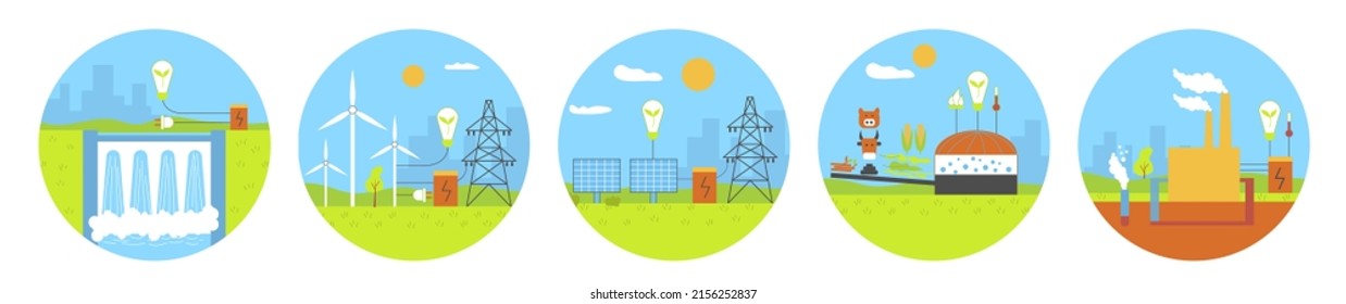 Set Of Alternative Eco Friendly Green Energy Source. Electricity Generation Source Types. Renewable Power. Wind, Solar, Hydro, Geothermal, Biomass Energetic. Flat Vector Style. City Landscape.