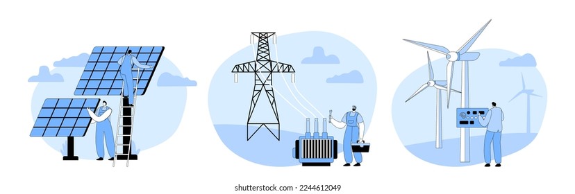 Set Alternative Electricity and Clean Energy Distribution Concept With Engineer Characters Install Solar Panels, Wind Turbines And Work on Transmission Pole Tower. Cartoon People Vector Illustration