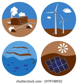 Set of alternative energy sources icons. Sun, wind, water, earth eco friendly electricity. Solar, hydrogen geothermal power vector illustration