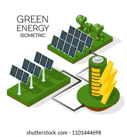a set of alternative energy sources. Solar panels transmit energy to the battery. isometric 3d