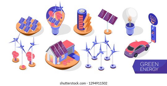 Set of alternative energy sourses. Green energy in isometric style. Windmills, solar panels, electric bulb, eco friendly car and car charge station. Vector  illustration on a white background