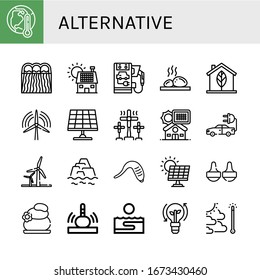 Set of alternative icons. Such as Global warming, Hydro power, Solar panel, Electric car, Lithotherapy, Eco, Wind turbine, Windmill, Wind energy, Warming, Leech , alternative icons