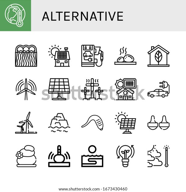 Set of\
alternative icons. Such as Global warming, Hydro power, Solar\
panel, Electric car, Lithotherapy, Eco, Wind turbine, Windmill,\
Wind energy, Warming, Leech , alternative\
icons