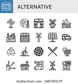 Set of alternative icons such as Hydro power, Turbine, Global warming, Flat arch greenhouse, Windmill, Solar cell, Geothermal energy, Solar panel, Electric car, Warming 