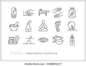 Set of alternative medicine outline icons for practicing a natural, holistic, homeopathic, healthy lifestyle