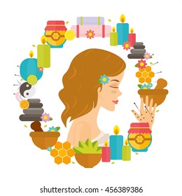 Set alternative medicine. Vector concept acupuncture, spa, phytotherapy, traditional, massage