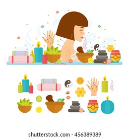 Set alternative medicine. Vector concept acupuncture, spa, phytotherapy, traditional, massage