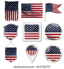 A set of the alternative national flag of the USA in different designs on a white background. Realistic vector illustration.