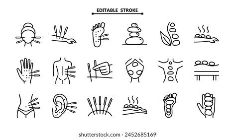 A set of alternative therapy icons, including acupuncture, lithotherapy, and reflexology. Perfect for websites of wellness centers, holistic medicine practitioners, and educational materials on natural healing methods.