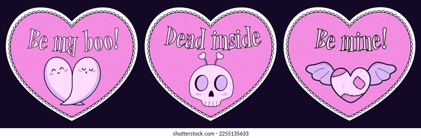 Set of alternative Valentine cards. Creepy clipart. Spooky love. Kawaii pastel goth style. Dead inside. Ragged heart with seam. Be my boo. Ghost couple hugging love. 