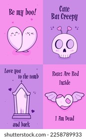 Set of alternative Valentine cards and posters. Creepy clipart. Spooky love. Kawaii pastel goth style. Dead inside. Ragged heart with seam. Be my boo. Ghost couple hugging love. 