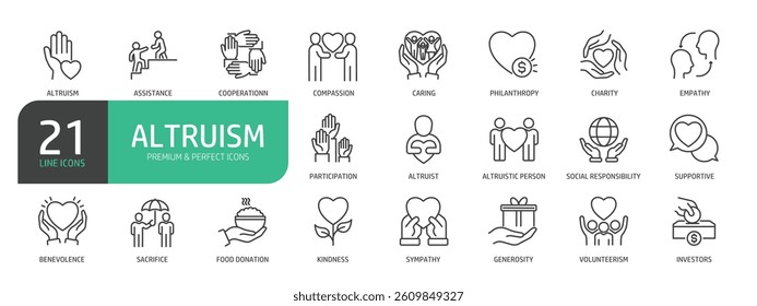 Set Of Altruism Line Icons. Contains such icons as Assistance, Compassion, Caring, Empathy, Charity, Benevolence, Sacrifice, Sympathy, and more.