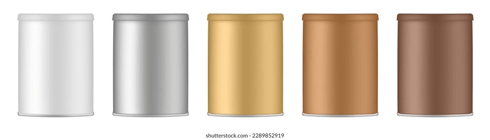 Set of aluminium canisters. White, silver, gold and brown tin containers. Tea or cookie jar. Round box for sugar or flour